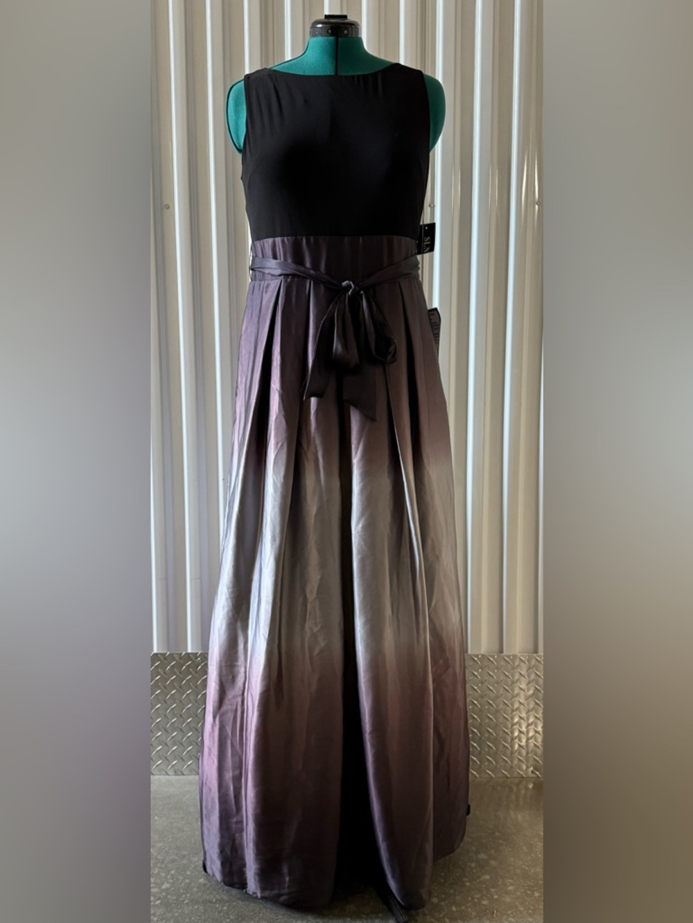SLNY Black with Plum to Silver Ombré Skirt Evening Dress - Satin, size 16